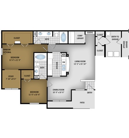 Floor plan for 2 beds, 2 baths, 1279 sqft